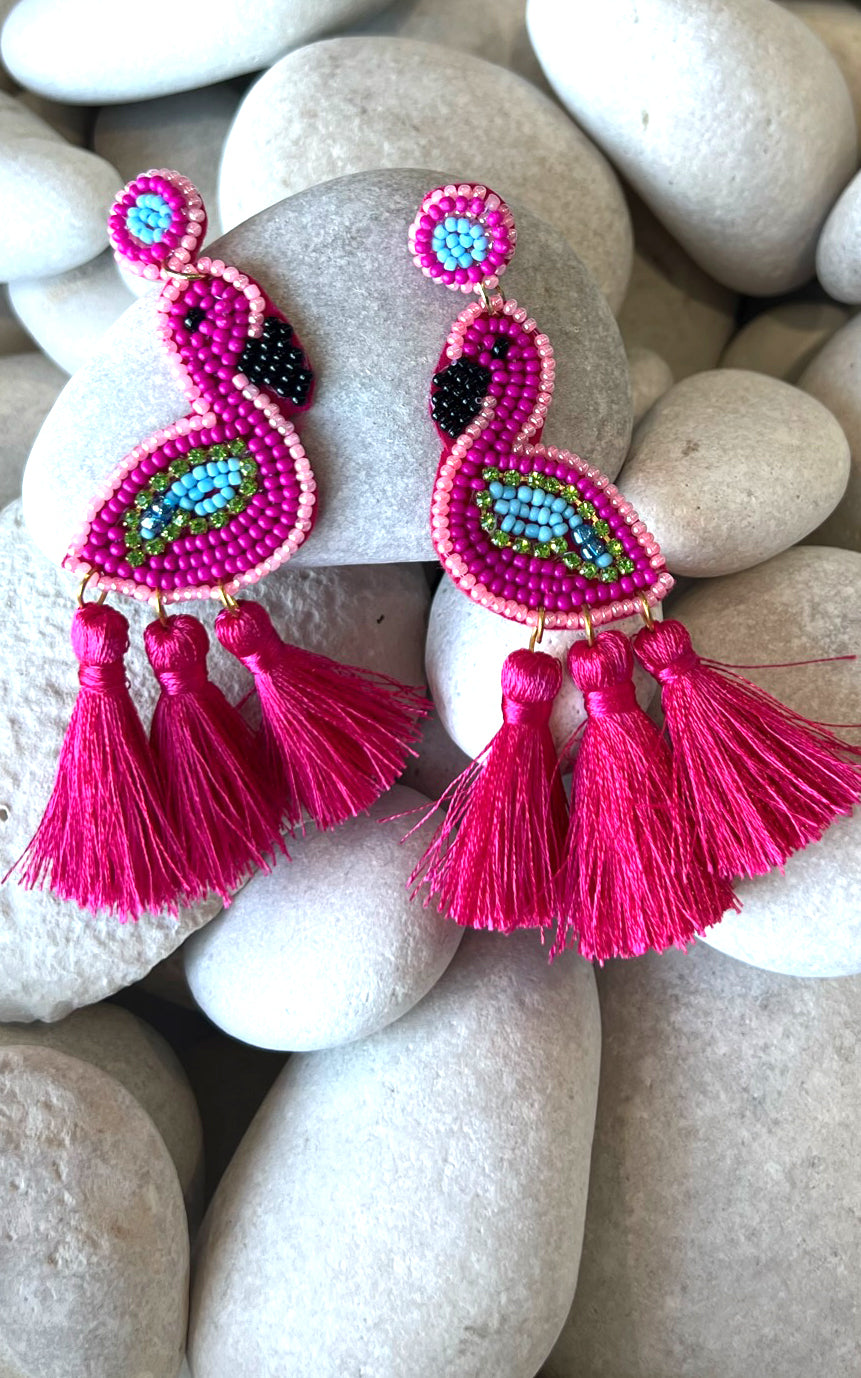 Earring: Beaded Flamingo Earrings w/ Tassels