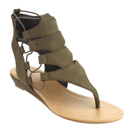 Darnita: Elastic Lace Side Zipper Backless Wedge Sandal in Olive Green - Chynna Dolls Swimwear
