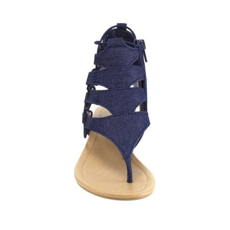 Darnita: Elastic Lace Side Zipper Backless Wedge Sandal in Denim Blue - Chynna Dolls Swimwear