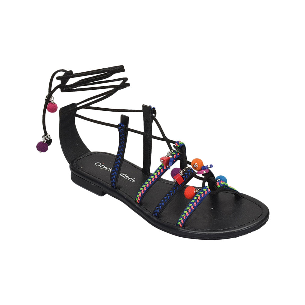 Howell: Colorful Embroidery Lace Up Sandals in Black - Chynna Dolls Swimwear