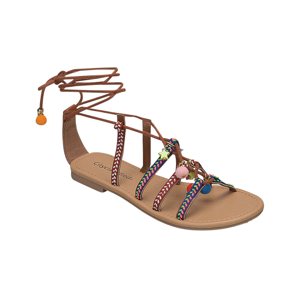 Howell: Colorful Embroidery Lace Up Sandals in Tan - Chynna Dolls Swimwear