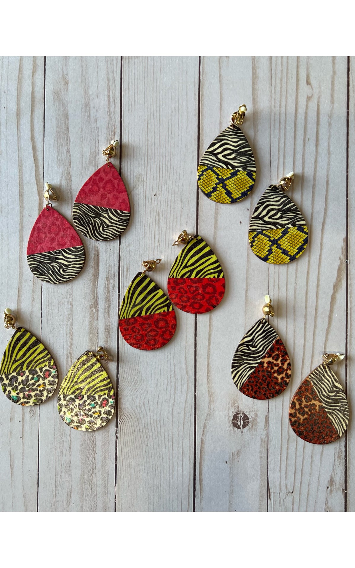 Earring: Multi-Animal Print Teardrop Clip-On Earrings