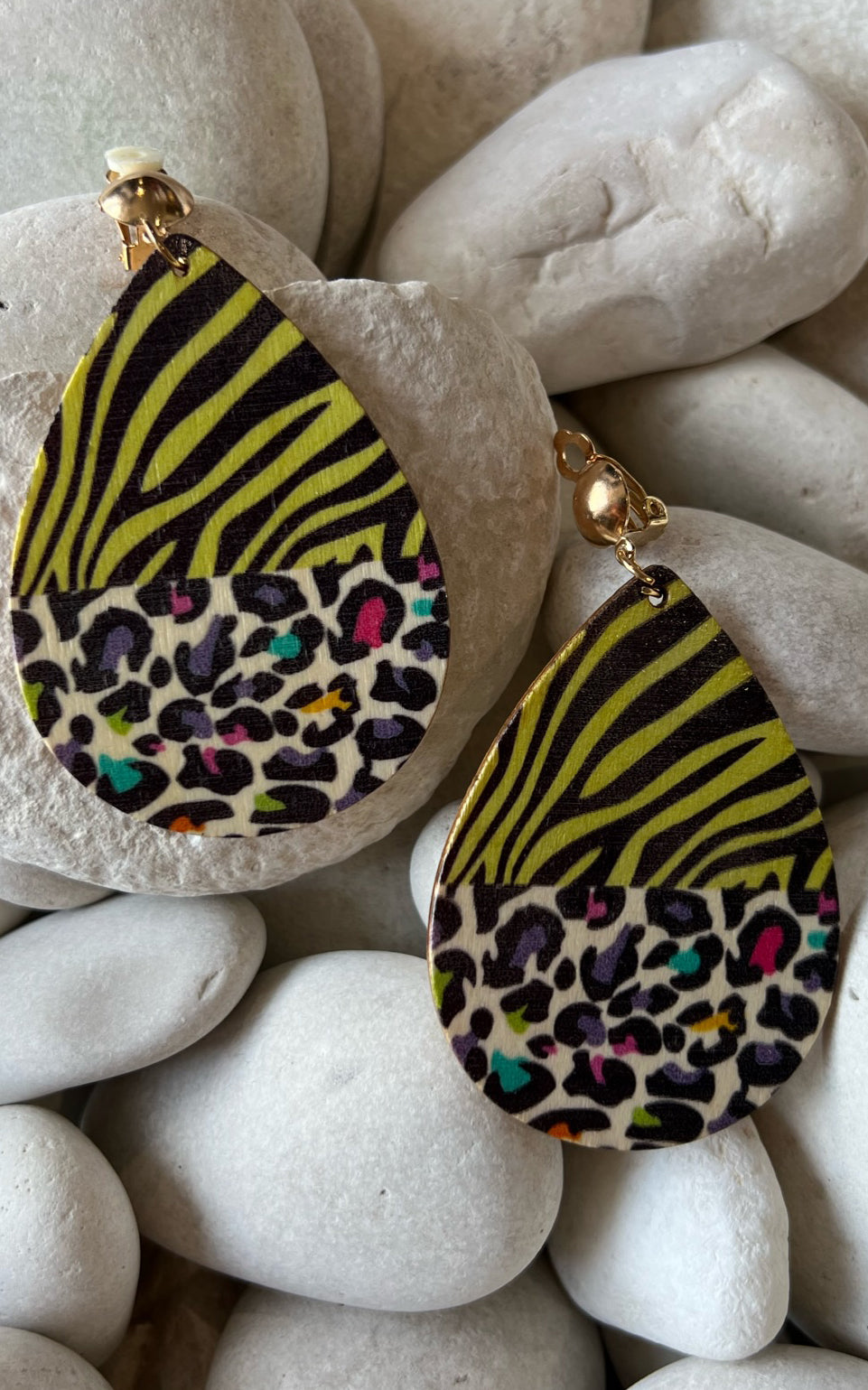 Earring: Multi-Animal Print Teardrop Clip-On Earrings