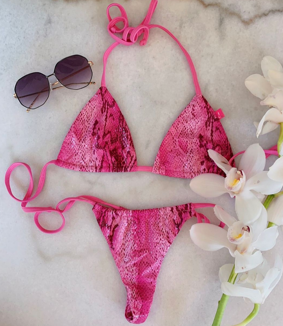 Eden: Adjustable Drawstring Thong Bikini - Pink Snake