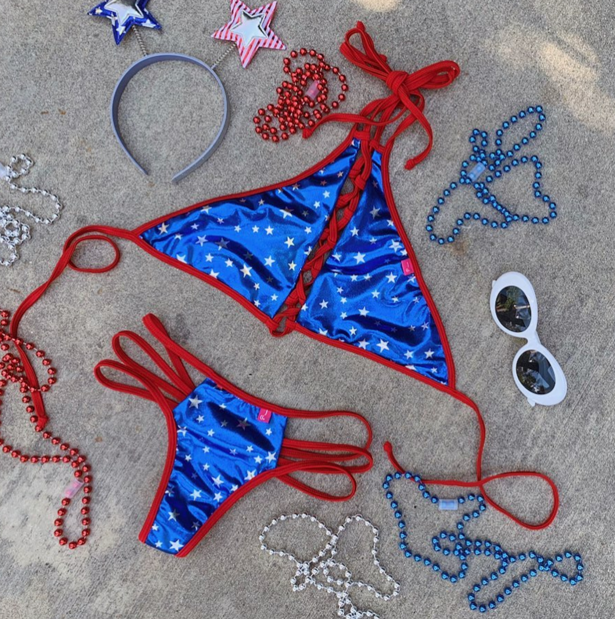 Madison: Lace Up Halter Bathing Suit in Royal w/ White Stars