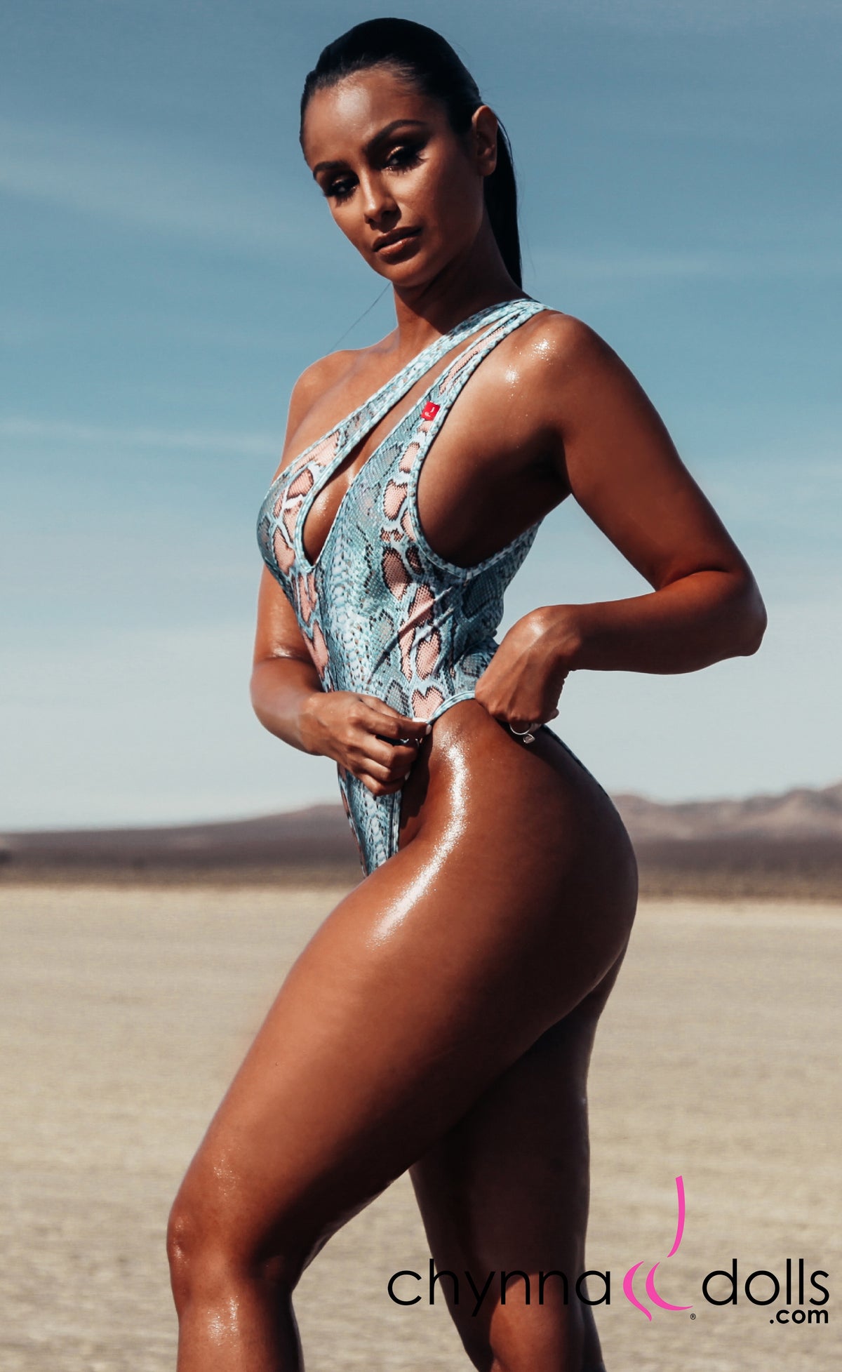 Santorini: Asymmetric Keyhole One-Piece in Blue Snake - Chynna Dolls Swimwear