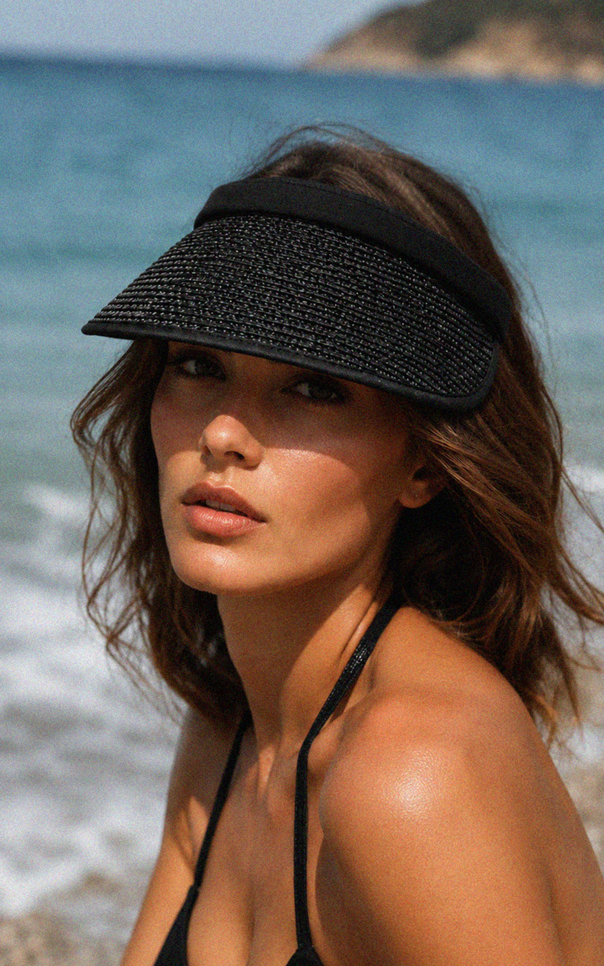 Hat: Beachy Visor in Tan Straw with Black Trim