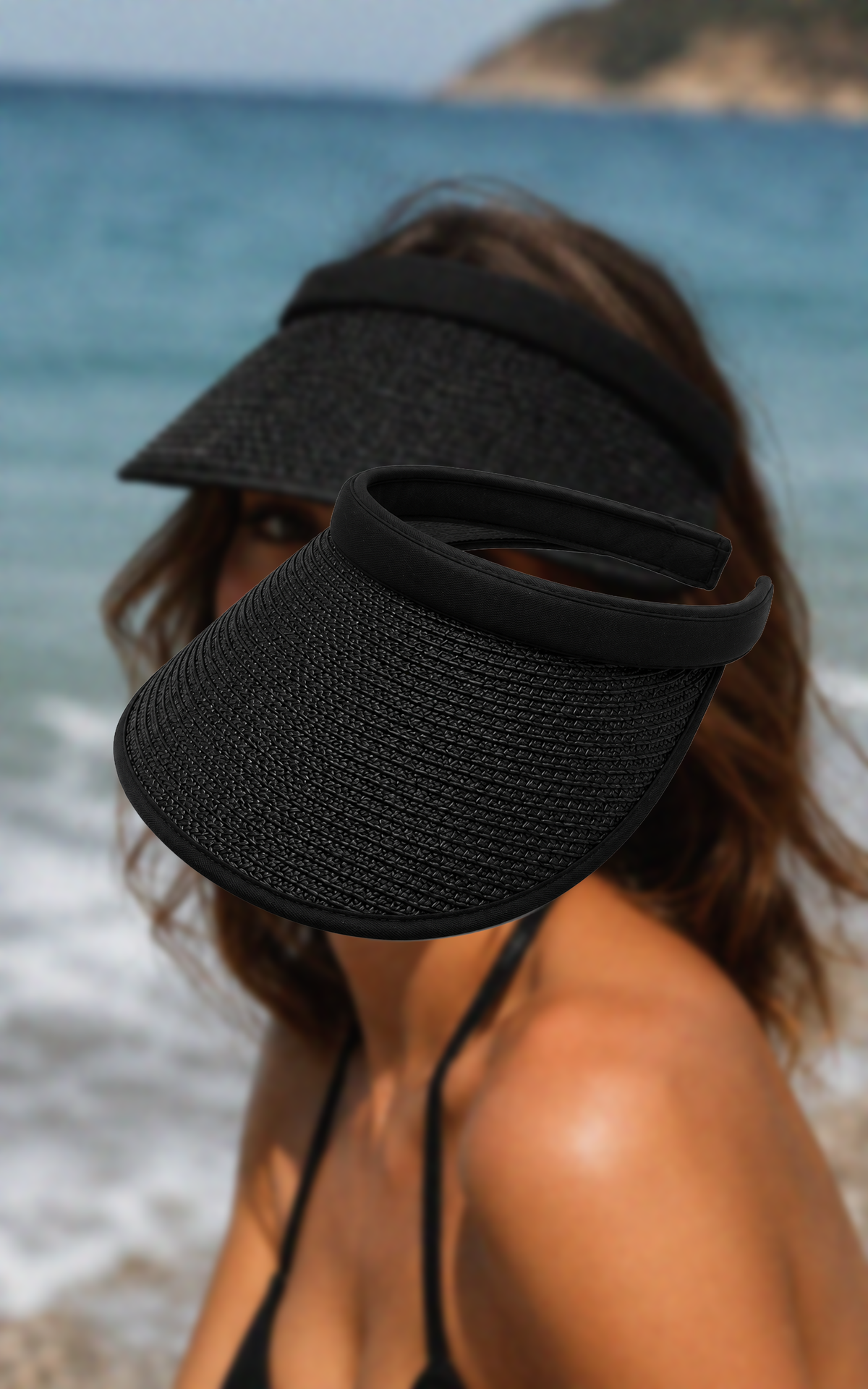 Hat: Beachy Visor in Tan Straw with Black Trim