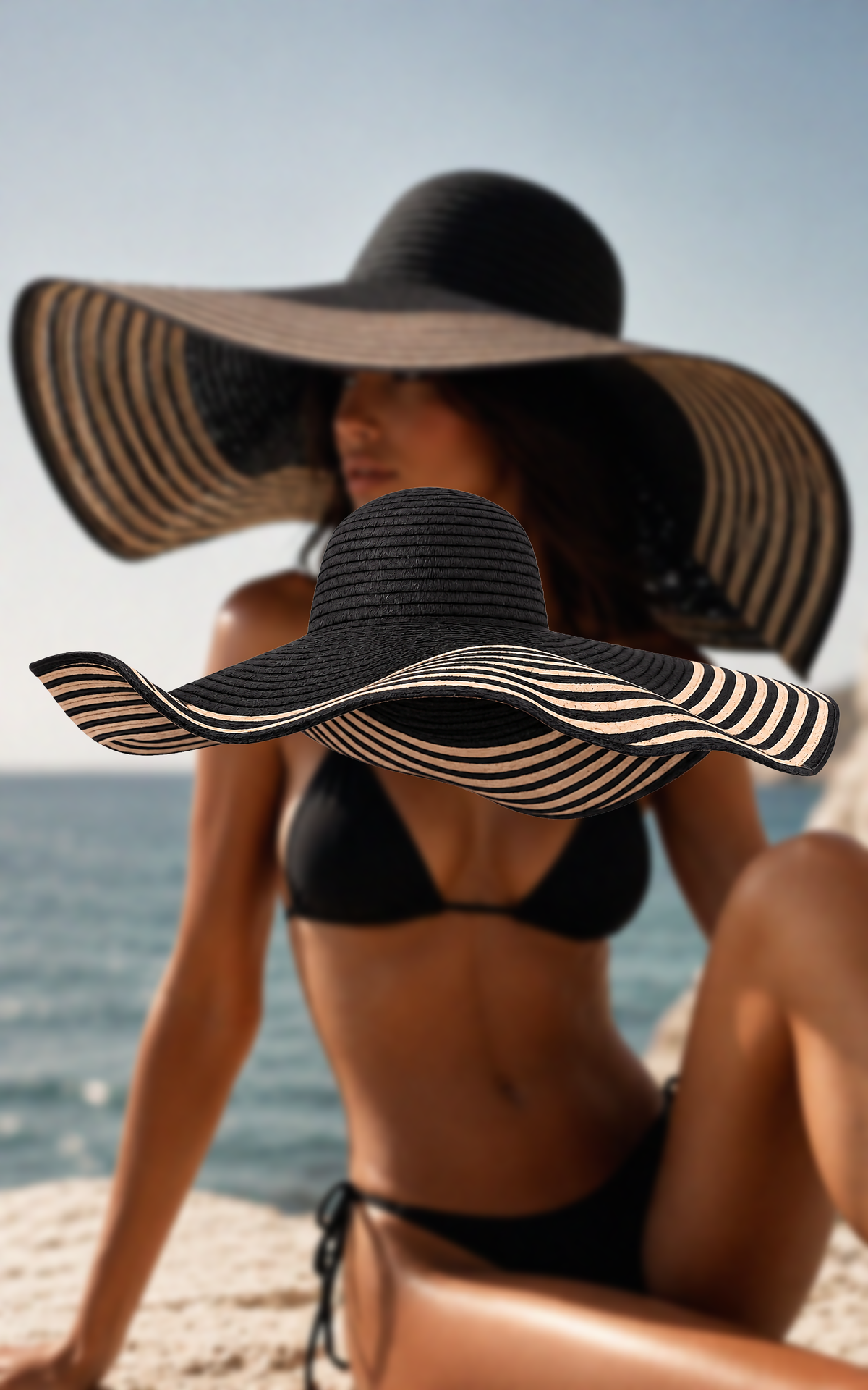 Hat: Extra Large Floppy Hat In Black with Beige Stripes