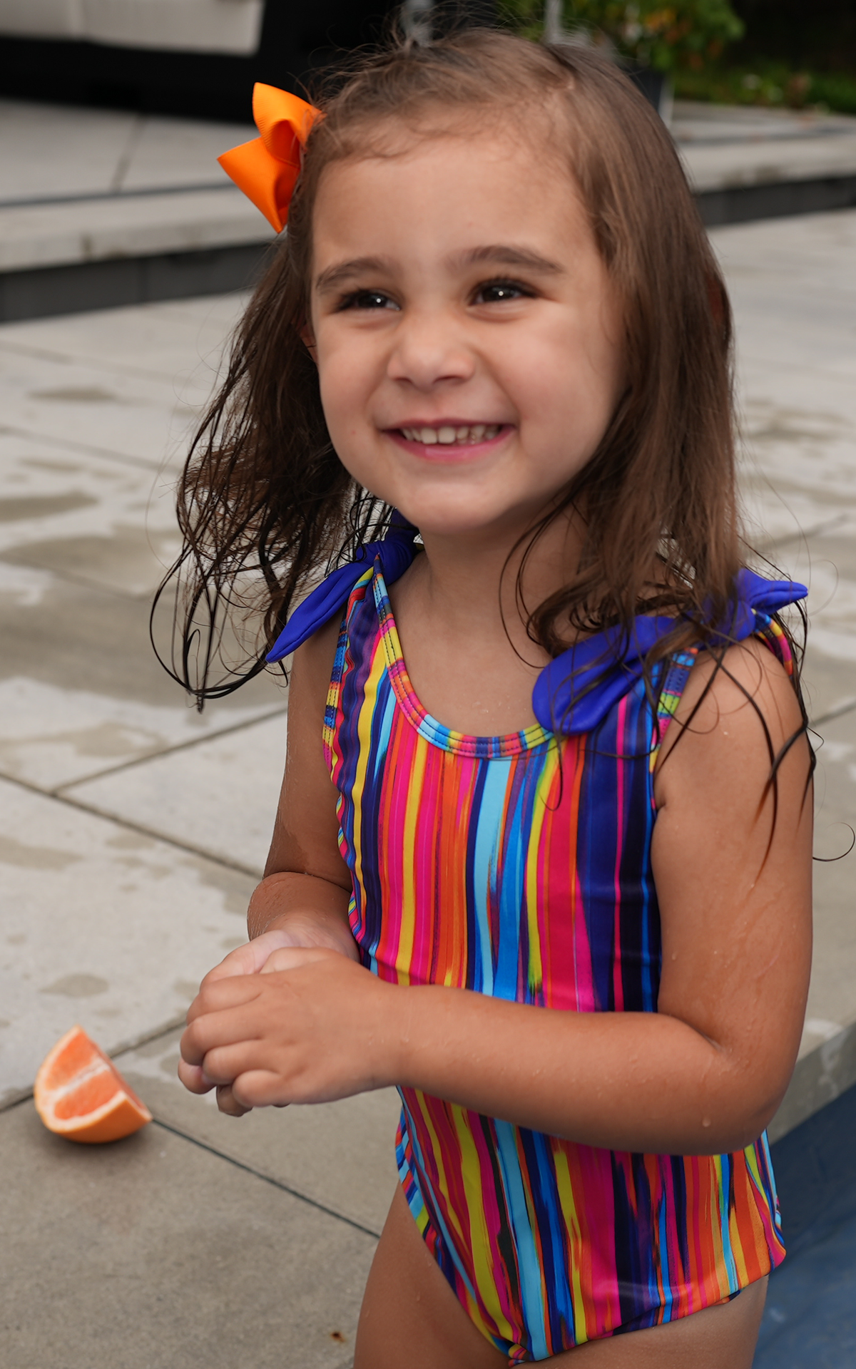 Minnie: Girl's Swimsuit in Stripes with Royal Bows