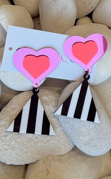 Earring: Acrylic Mirrored Heart/Striped Triangle Earrings