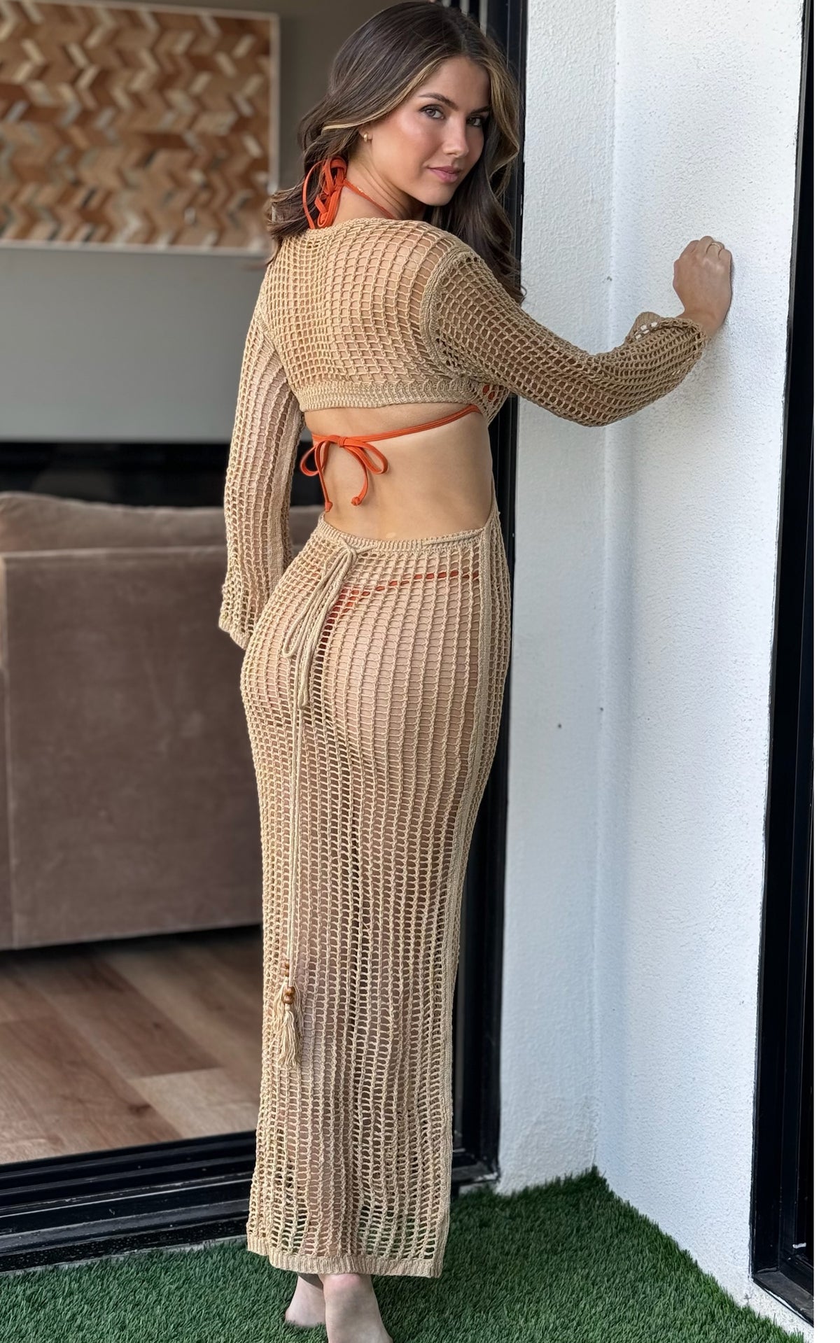 NADIA: Crochet Maxi Dress Cover-up in Tan