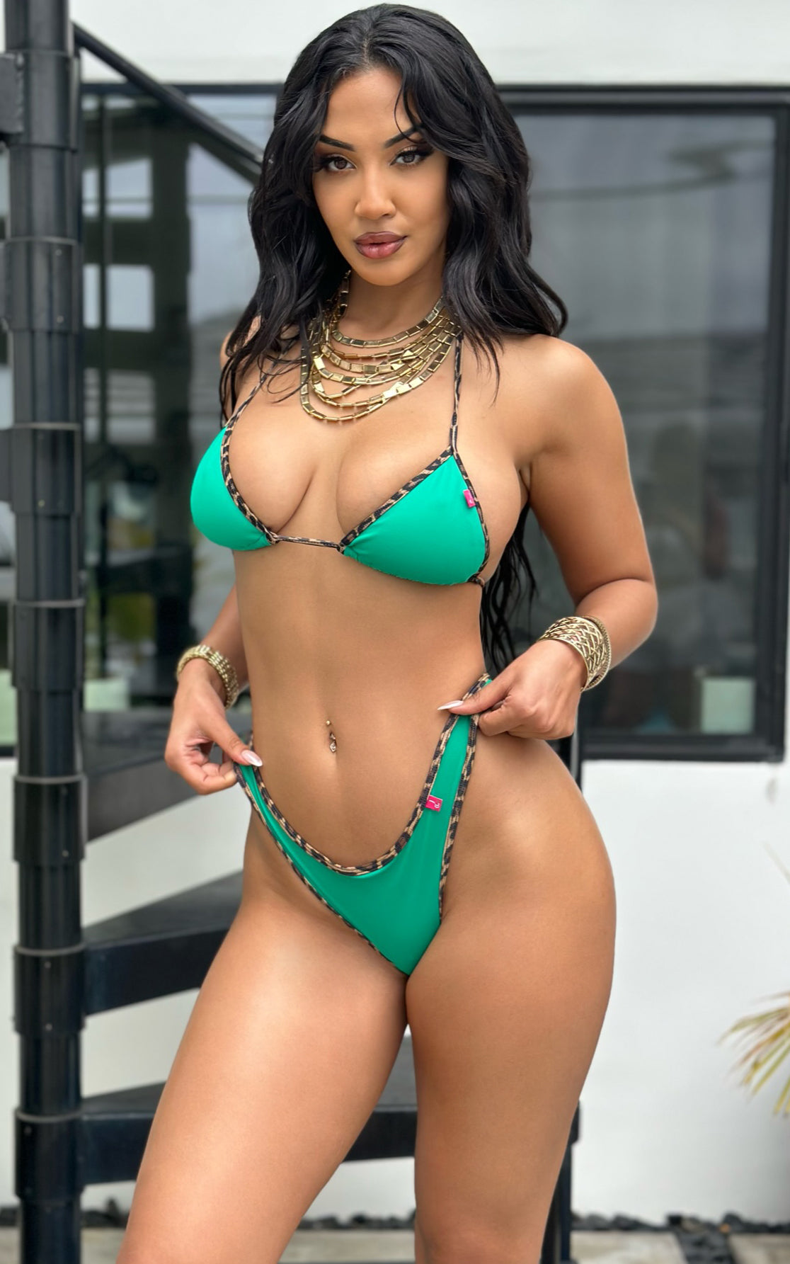 Palm Beach: High Cut Bikini in Emerald/Leopard