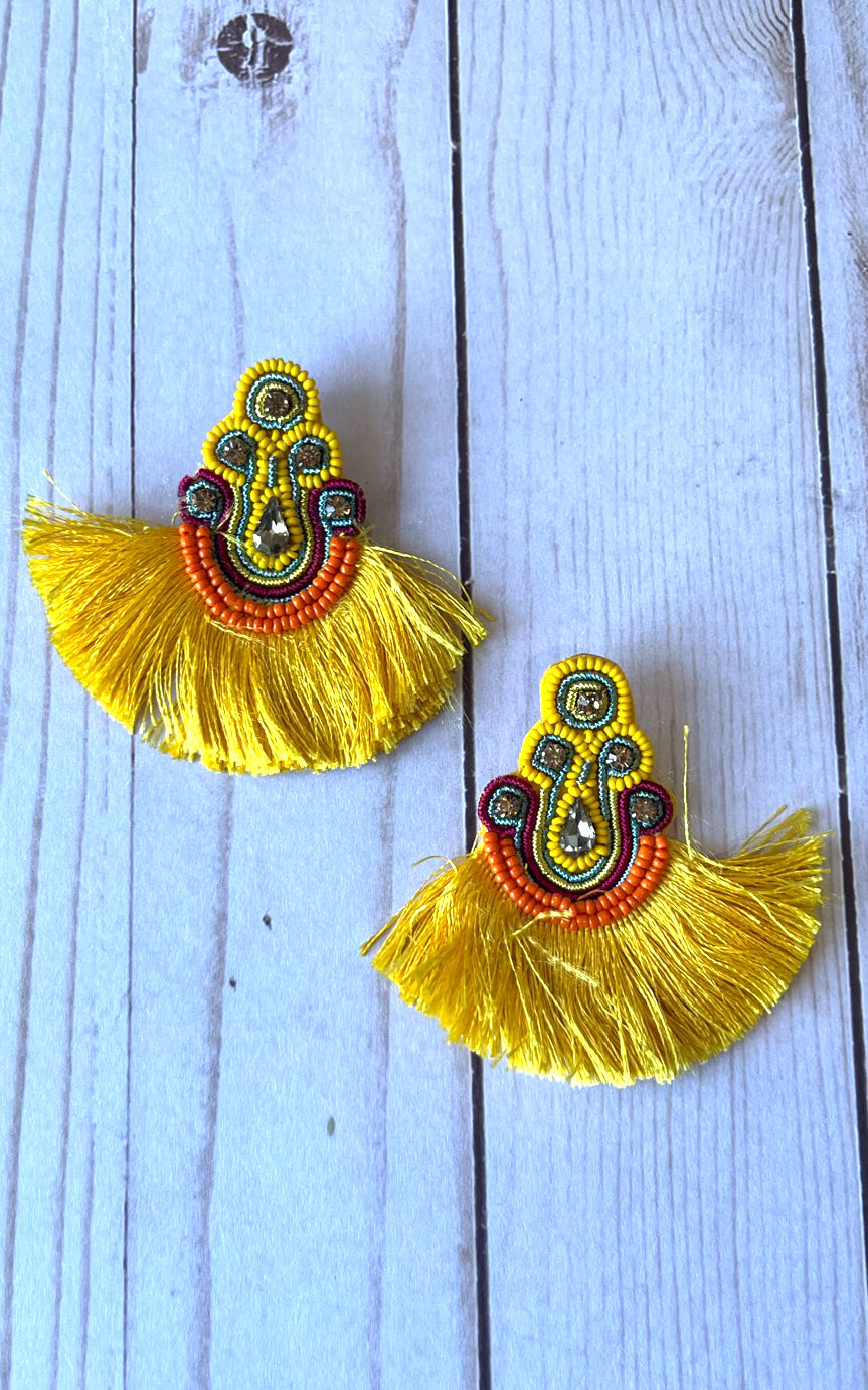 Earring: Yellow Beaded Earrings with Tassel