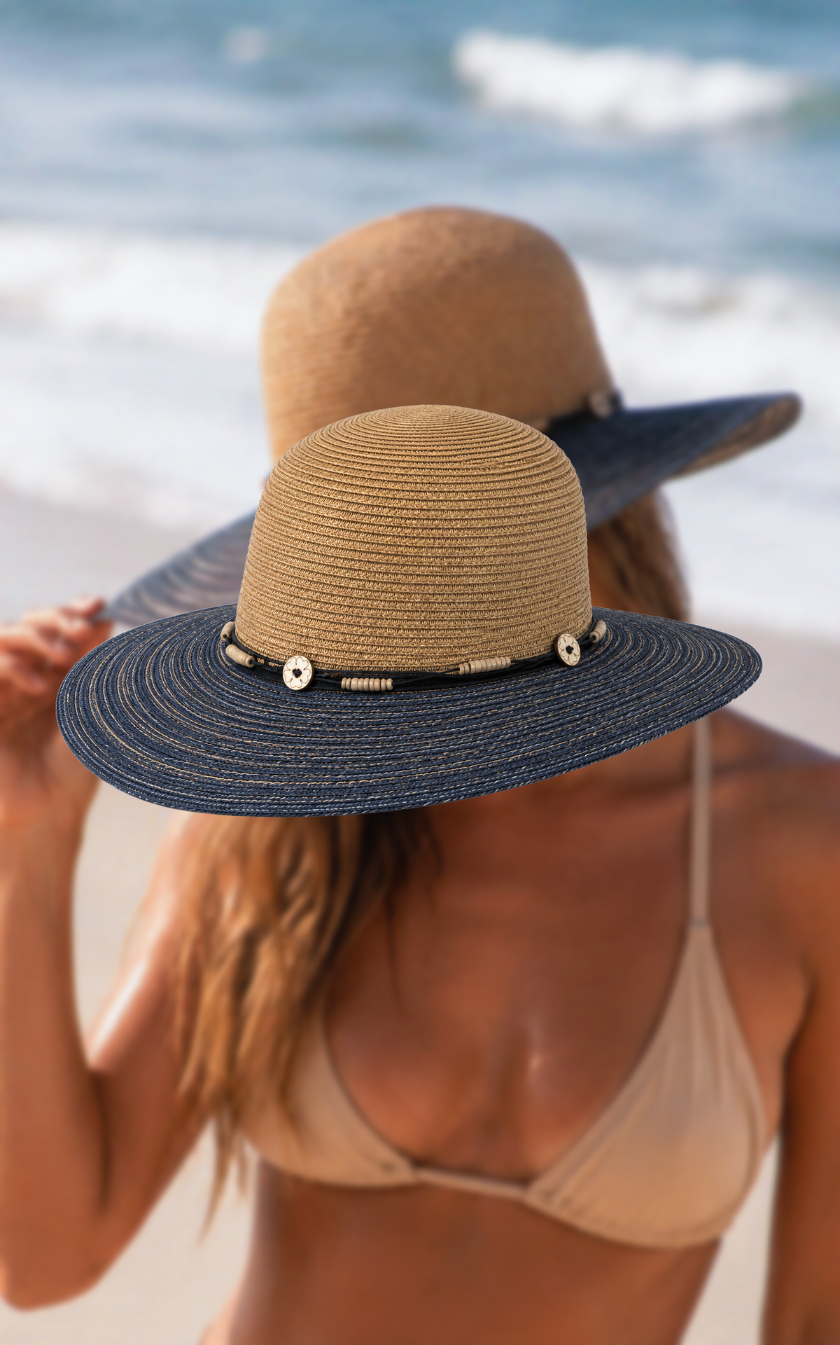 Tan and Navy Straw Sun Hat with String Detail