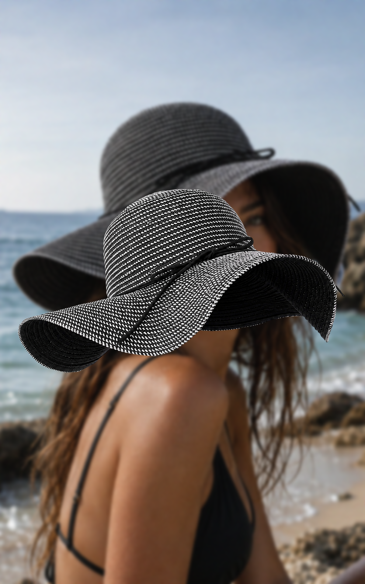 Floppy Sun Hat in Black Straw with White Woven Stripes