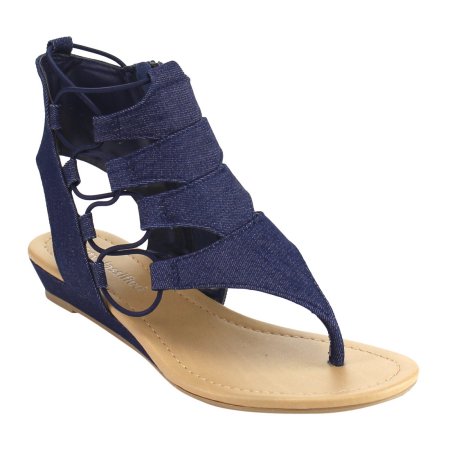 Darnita: Elastic Lace Side Zipper Backless Wedge Sandal in Denim Blue - Chynna Dolls Swimwear