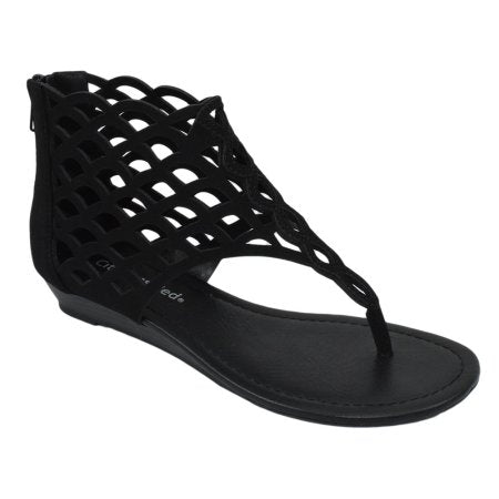 Direst: Thongs Cut Out Gladiator Short Heel Back Zipper Sandal in Black - Chynna Dolls Swimwear