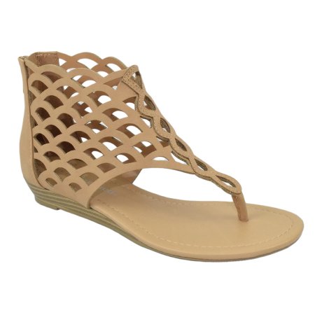 Direst: Thongs Cut Out Gladiator Short Heel Back Zipper Sandal in Tan - Chynna Dolls Swimwear