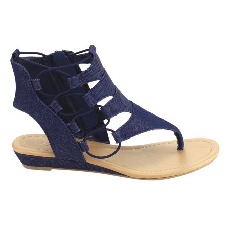 Darnita: Elastic Lace Side Zipper Backless Wedge Sandal in Denim Blue - Chynna Dolls Swimwear