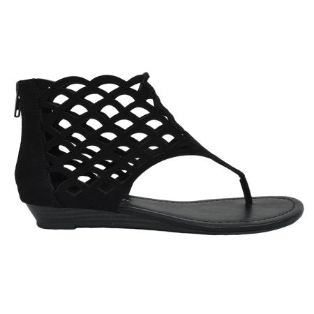 Direst: Thongs Cut Out Gladiator Short Heel Back Zipper Sandal in Black - Chynna Dolls Swimwear