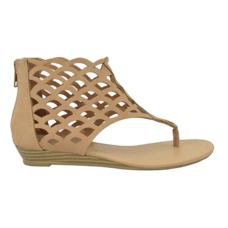 Direst: Thongs Cut Out Gladiator Short Heel Back Zipper Sandal in Tan - Chynna Dolls Swimwear