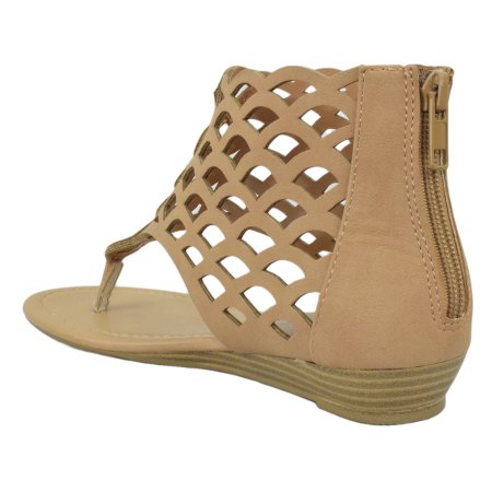 Direst: Thongs Cut Out Gladiator Short Heel Back Zipper Sandal in Tan - Chynna Dolls Swimwear