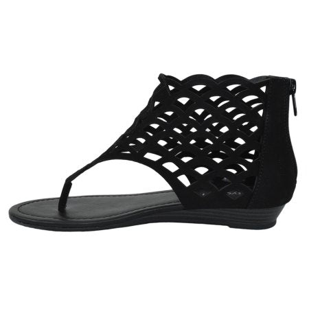 Direst: Thongs Cut Out Gladiator Short Heel Back Zipper Sandal in Black - Chynna Dolls Swimwear