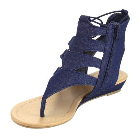 Darnita: Elastic Lace Side Zipper Backless Wedge Sandal in Denim Blue - Chynna Dolls Swimwear