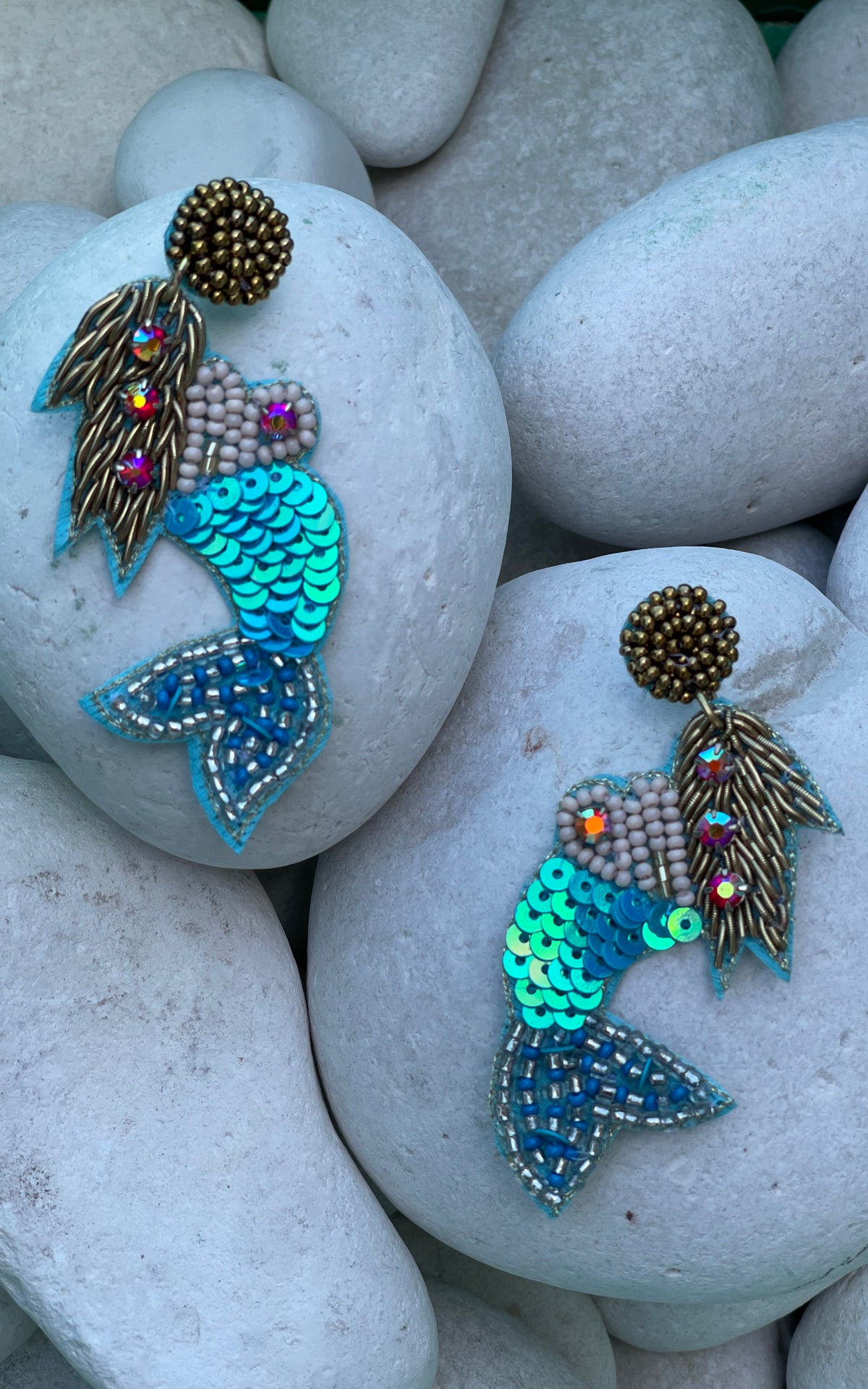 Ari: Hand Beaded w/ Sequins Mermaid Earring in Blue - Chynna Dolls