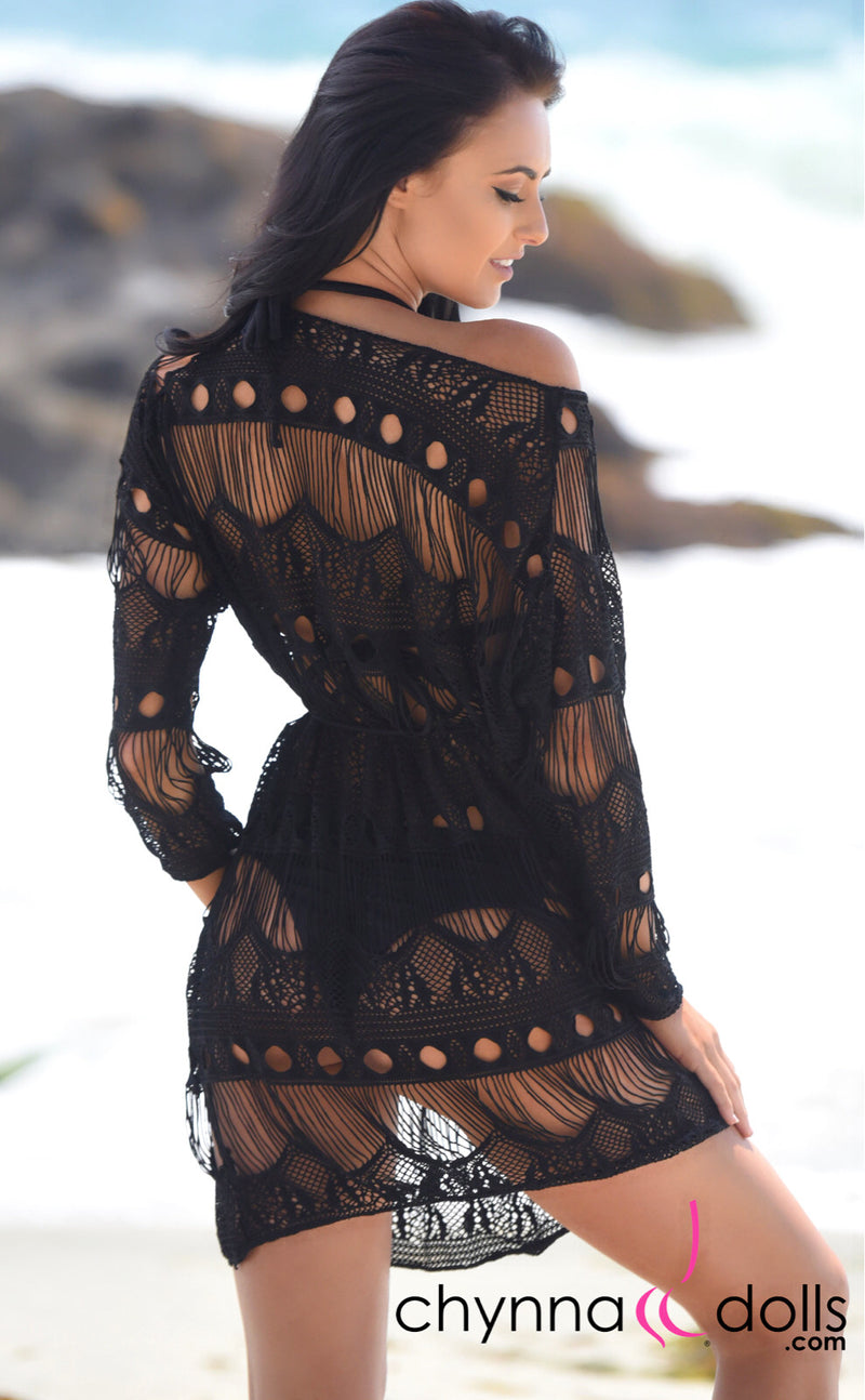 Aleah: Oversizes Net Coverup with Drawstring Ties in Black - Chynna Dolls Swimwear