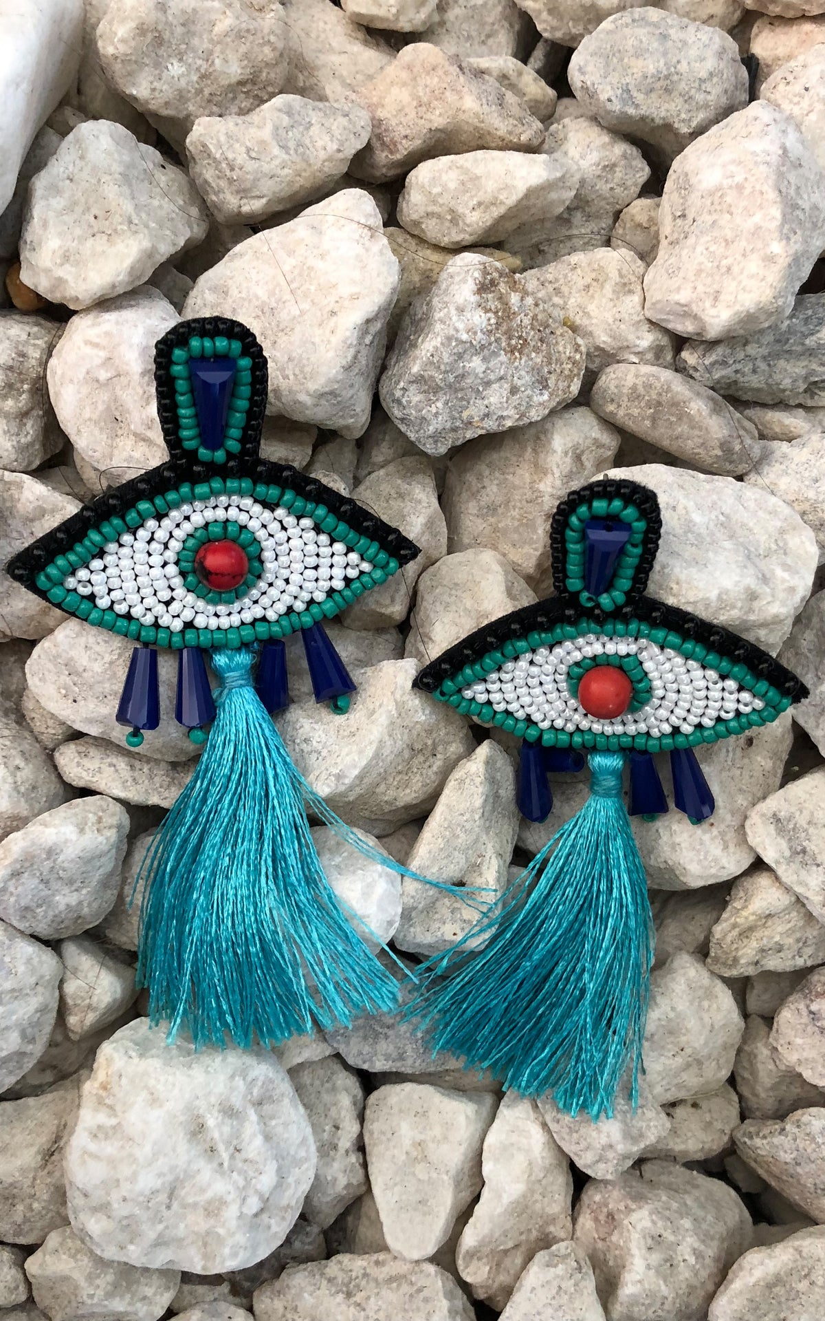 Earring: Evil Eye Beaded Tassel Earrings in Teal - Chynna Dolls Swimwear