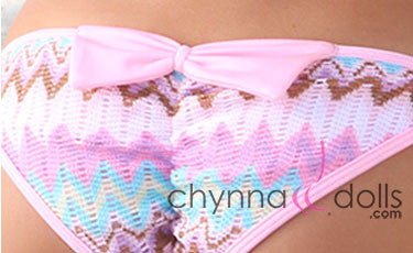 Makena: String Bikini in Baby Pink w/ Chevron Overlay and Bows - Chynna Dolls Swimwear