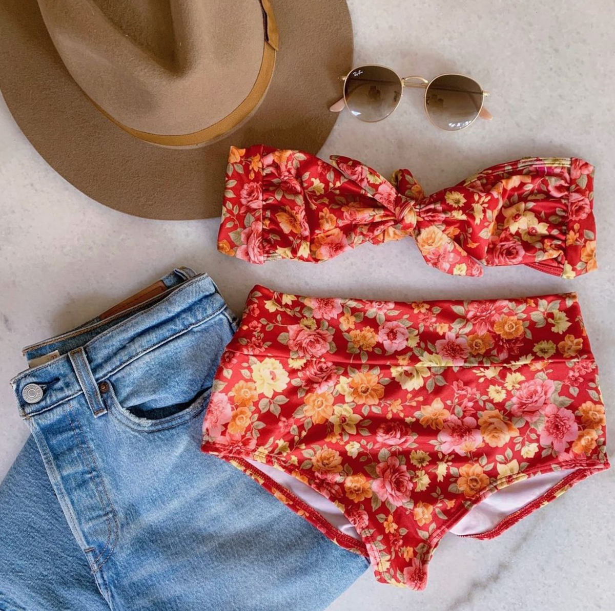 Malibu: High Waisted Bikini in Red Garden