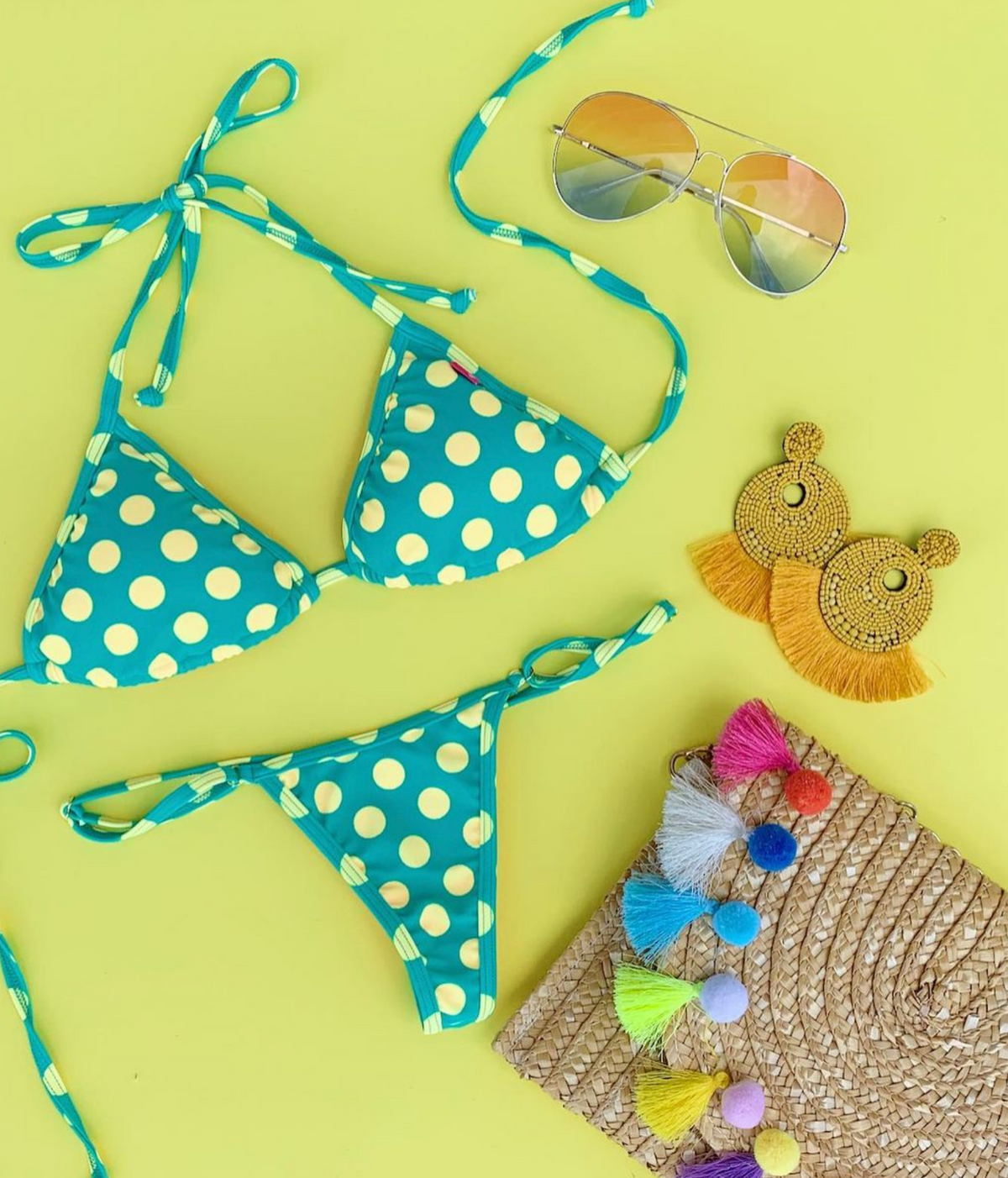 Coco: Y-Back G-String Thong Bikini in Mint/Yellow Polka Dots