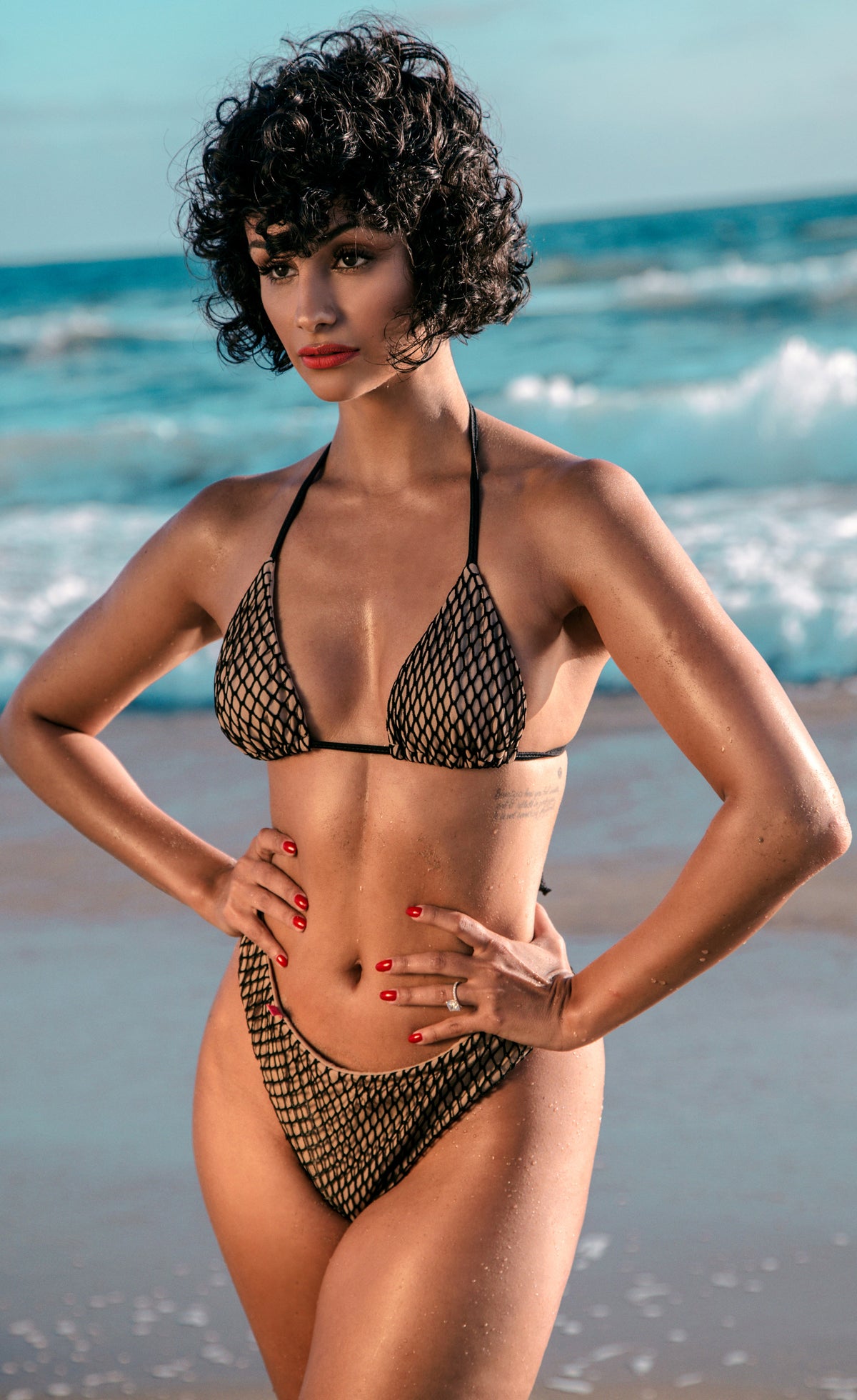 Brenda: High Cut Scrunch Bikini in Tan w/ Black Fishnet Overlay - Chynna Dolls Swimwear