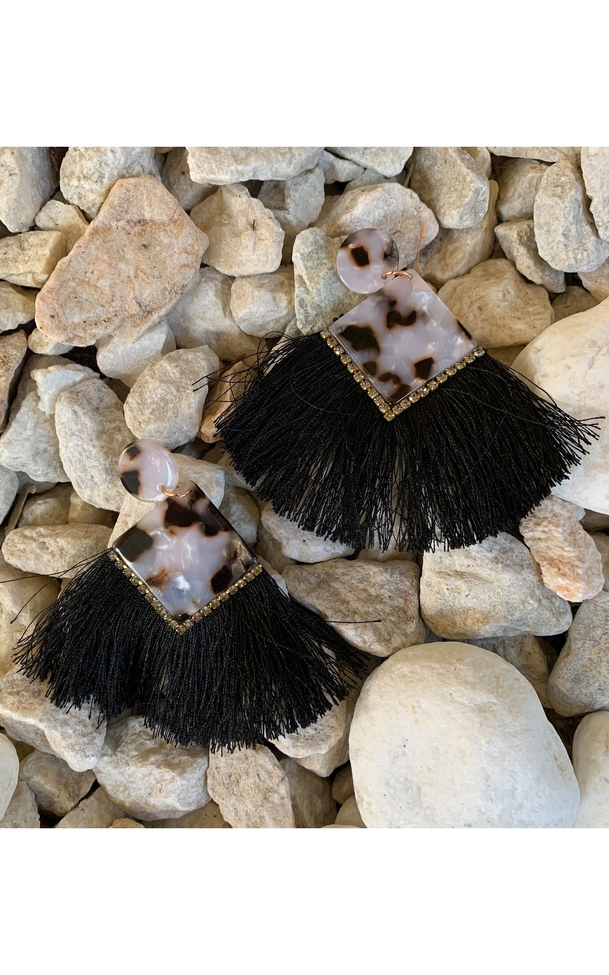 Earring: Black Marble Tassel - Chynna Dolls Swimwear