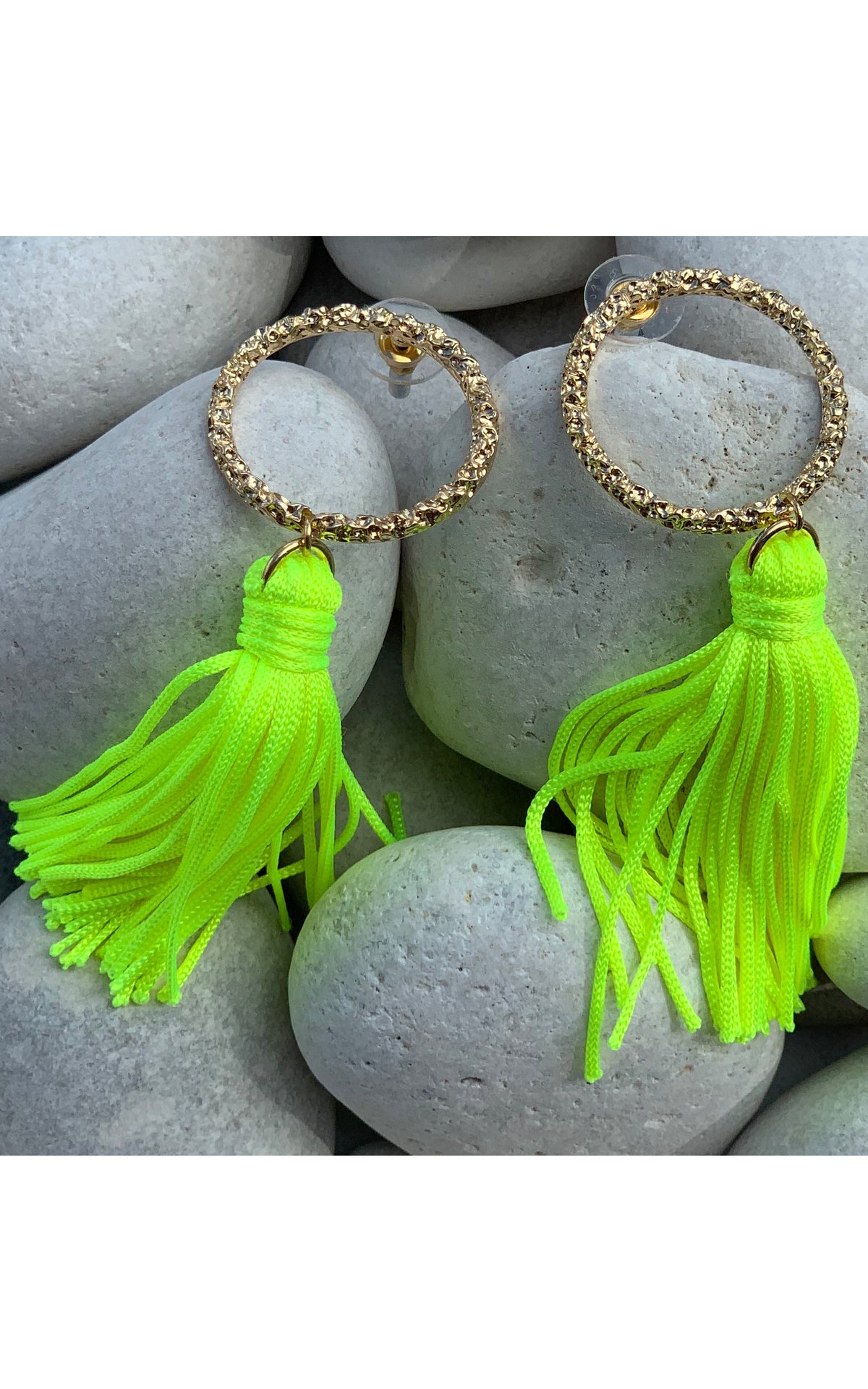 Earring: Gold Hoop Tassel Earrings in Neon Yellow - Chynna Dolls Swimwear