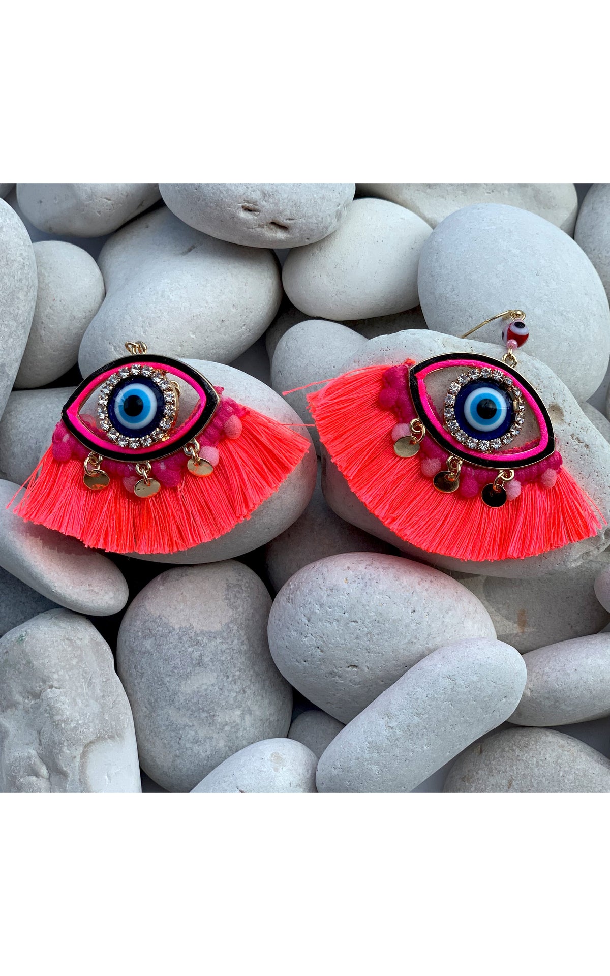 Earring: Evil Eye Beaded Tassel Earrings in Neon Pink - Chynna Dolls Swimwear